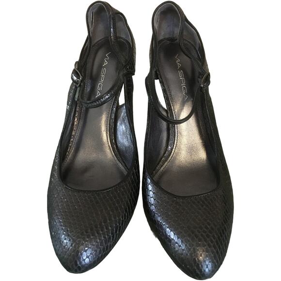 Via Spiga Designed in Italy 7 1/2 Med Mirrored 3 1/2" Heel Silver Platinum Snake - Picture 1 of 8